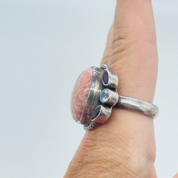 Artisan Rhodonite Garnet Moonstone Ring Size 9 Sterling Silver Bezel Set Stones - Picture 4 of 10